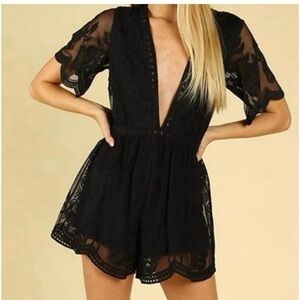 Honey Punch Lace Romper with Deep V Neck - Black